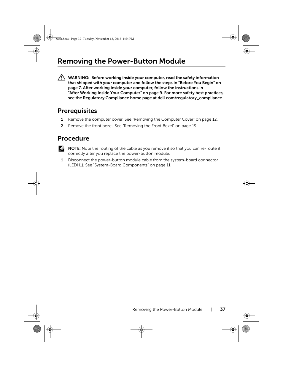 Removing the power-button module, Prerequisites, Procedure | Dell Inspiron Desktop (3847, Early 2013) User Manual | Page 37 / 55