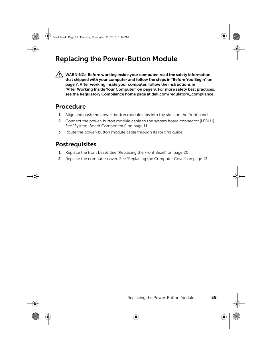 Replacing the power-button module, Procedure, Postrequisites | Dell Inspiron Desktop (3847, Early 2013) User Manual | Page 39 / 55