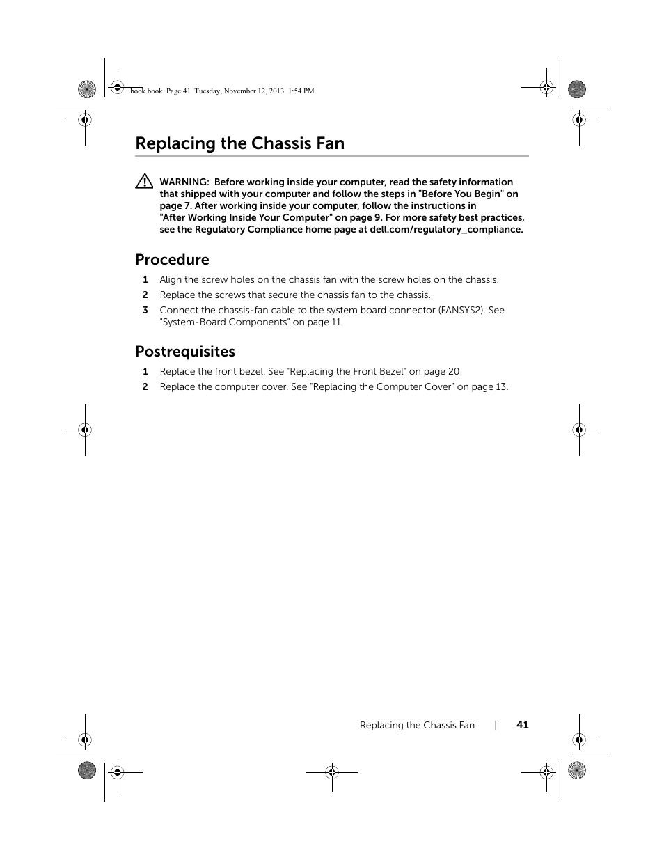 Replacing the chassis fan, Procedure, Postrequisites | Dell Inspiron Desktop (3847, Early 2013) User Manual | Page 41 / 55
