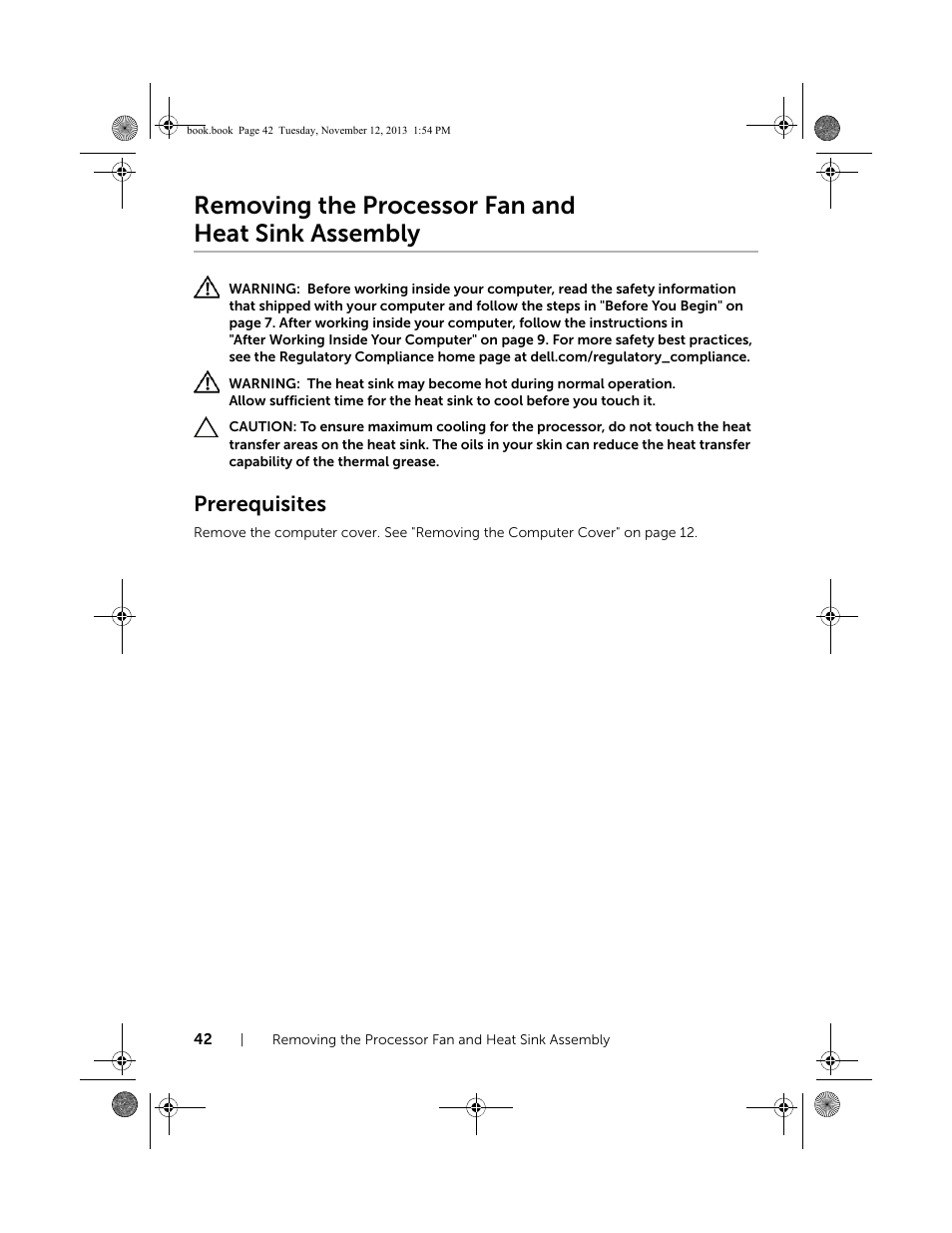 Removing the processor fan and heat sink assembly, Prerequisites, Removing the processor fan and | Heat sink assembly | Dell Inspiron Desktop (3847, Early 2013) User Manual | Page 42 / 55