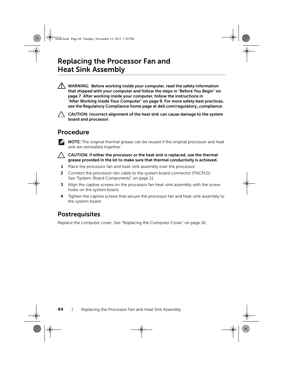 Replacing the processor fan and heat sink assembly, Procedure, Postrequisites | Replacing the processor fan and, Heat sink assembly | Dell Inspiron Desktop (3847, Early 2013) User Manual | Page 44 / 55