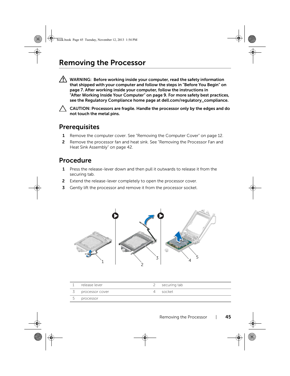 Removing the processor, Prerequisites, Procedure | Dell Inspiron Desktop (3847, Early 2013) User Manual | Page 45 / 55