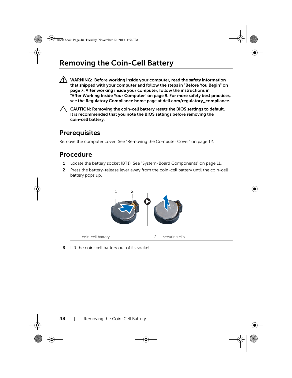 Removing the coin-cell battery, Prerequisites, Procedure | Dell Inspiron Desktop (3847, Early 2013) User Manual | Page 48 / 55