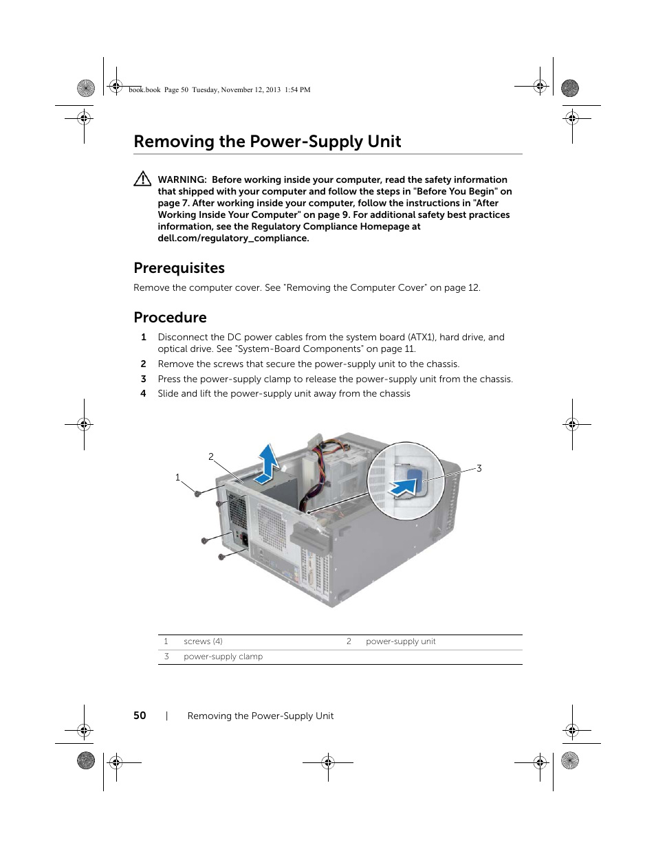 Removing the power-supply unit, Prerequisites, Procedure | Dell Inspiron Desktop (3847, Early 2013) User Manual | Page 50 / 55