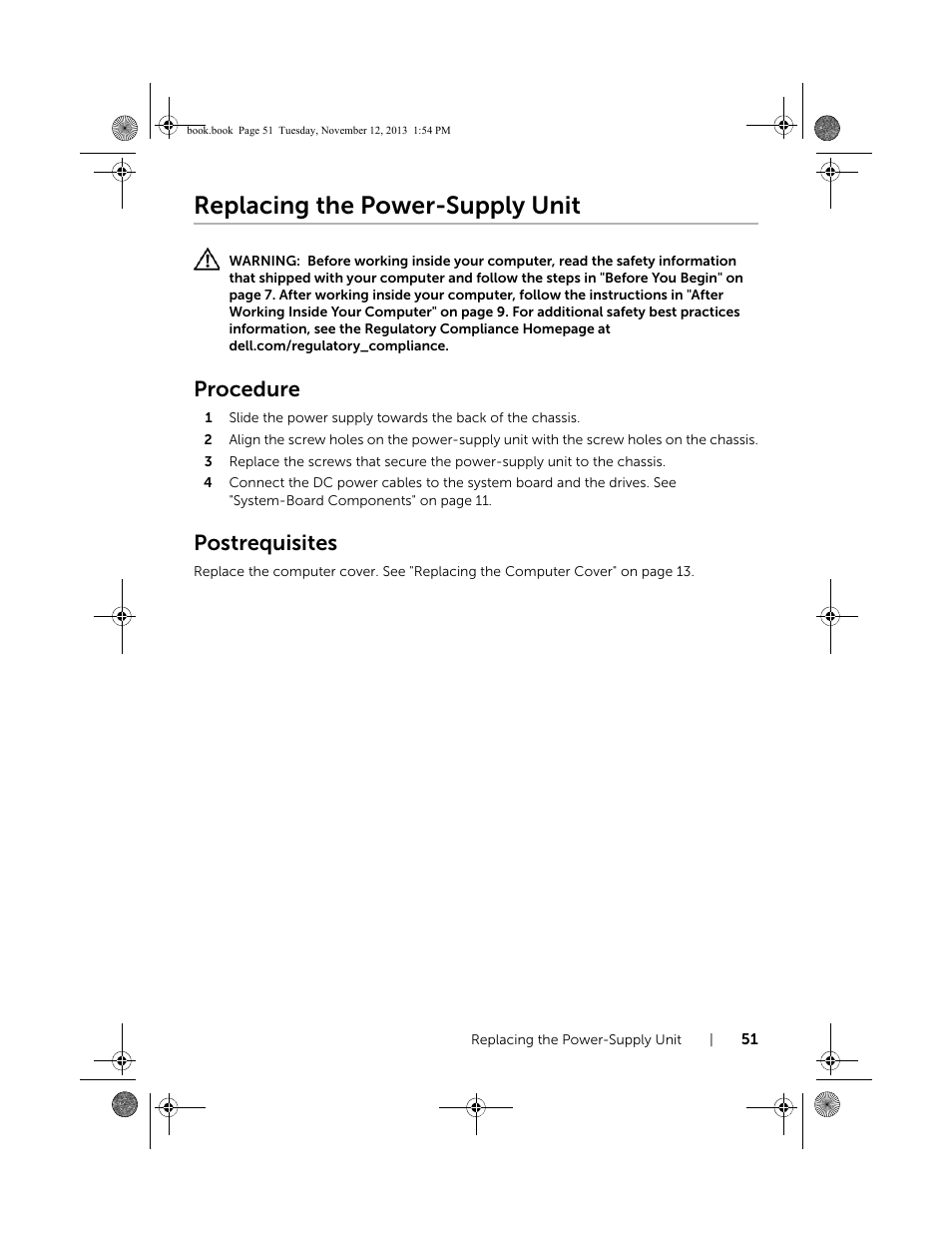 Replacing the power-supply unit, Procedure, Postrequisites | Dell Inspiron Desktop (3847, Early 2013) User Manual | Page 51 / 55