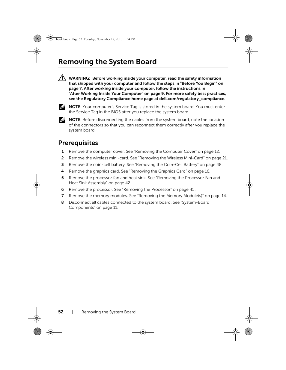 Removing the system board, Prerequisites | Dell Inspiron Desktop (3847, Early 2013) User Manual | Page 52 / 55