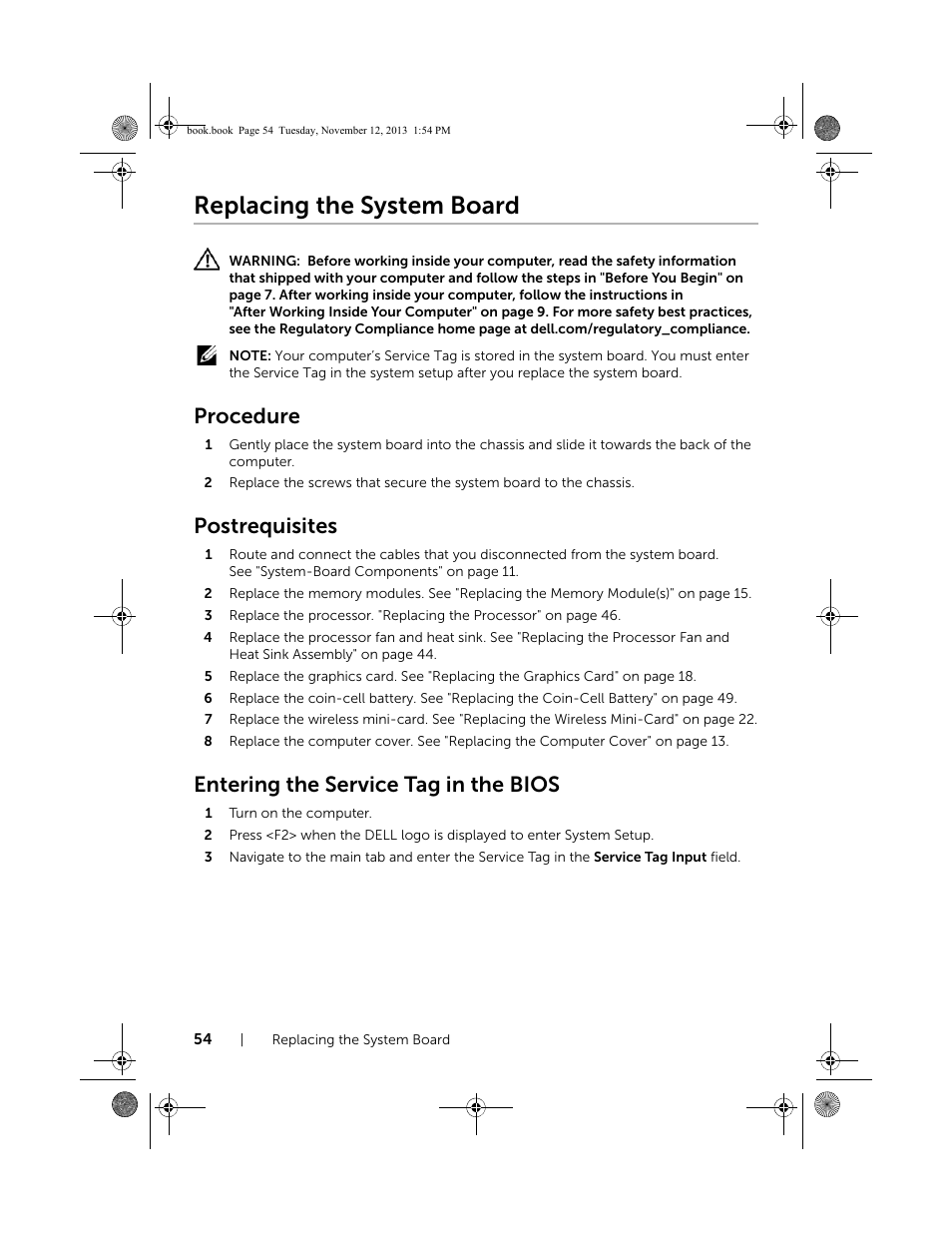 Replacing the system board, Procedure, Postrequisites | Entering the service tag in the bios | Dell Inspiron Desktop (3847, Early 2013) User Manual | Page 54 / 55