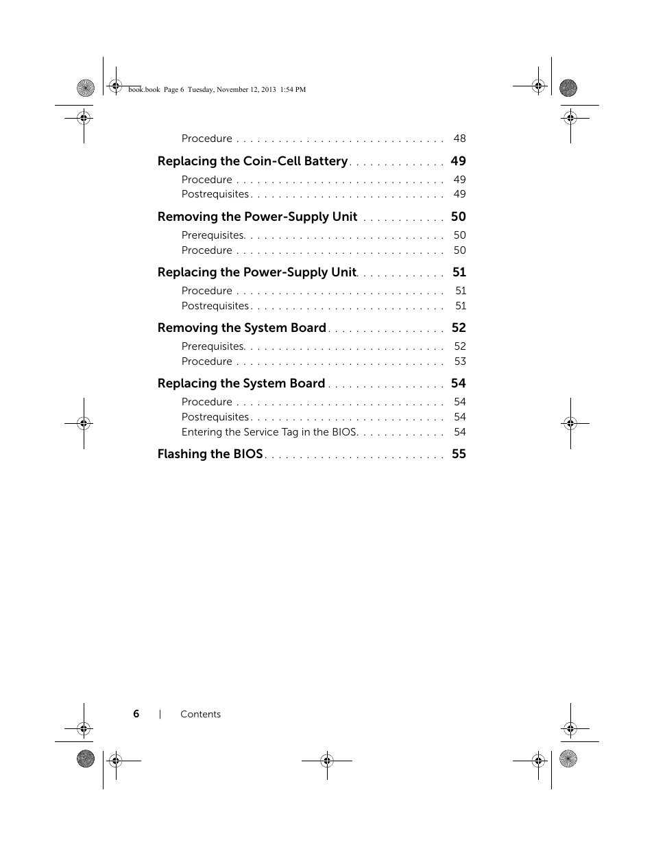 Replacing the coin-cell battery, Removing the power-supply unit, Replacing the power-supply unit | Removing the system board, Replacing the system board, Flashing the bios | Dell Inspiron Desktop (3847, Early 2013) User Manual | Page 6 / 55