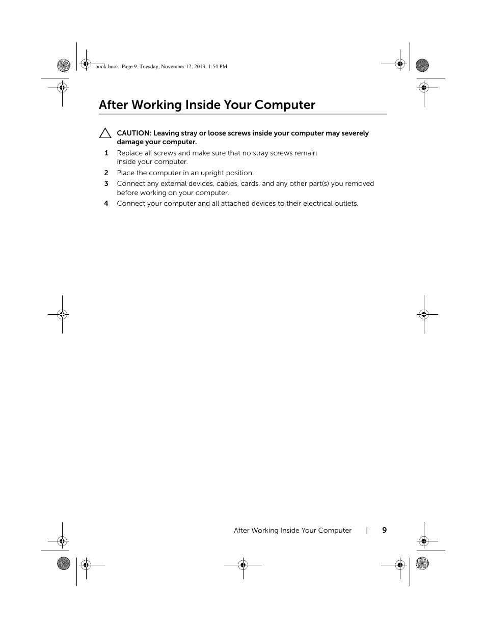 After working inside your computer | Dell Inspiron Desktop (3847, Early 2013) User Manual | Page 9 / 55