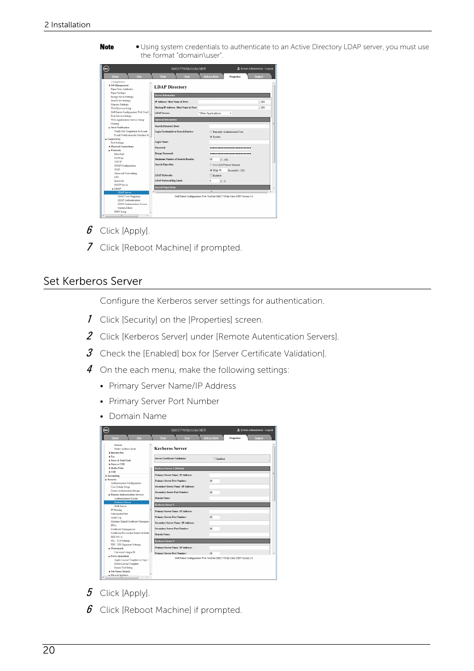 Set kerberos server | Dell C7765DN MFP Color Laser Printer User Manual | Page 20 / 52