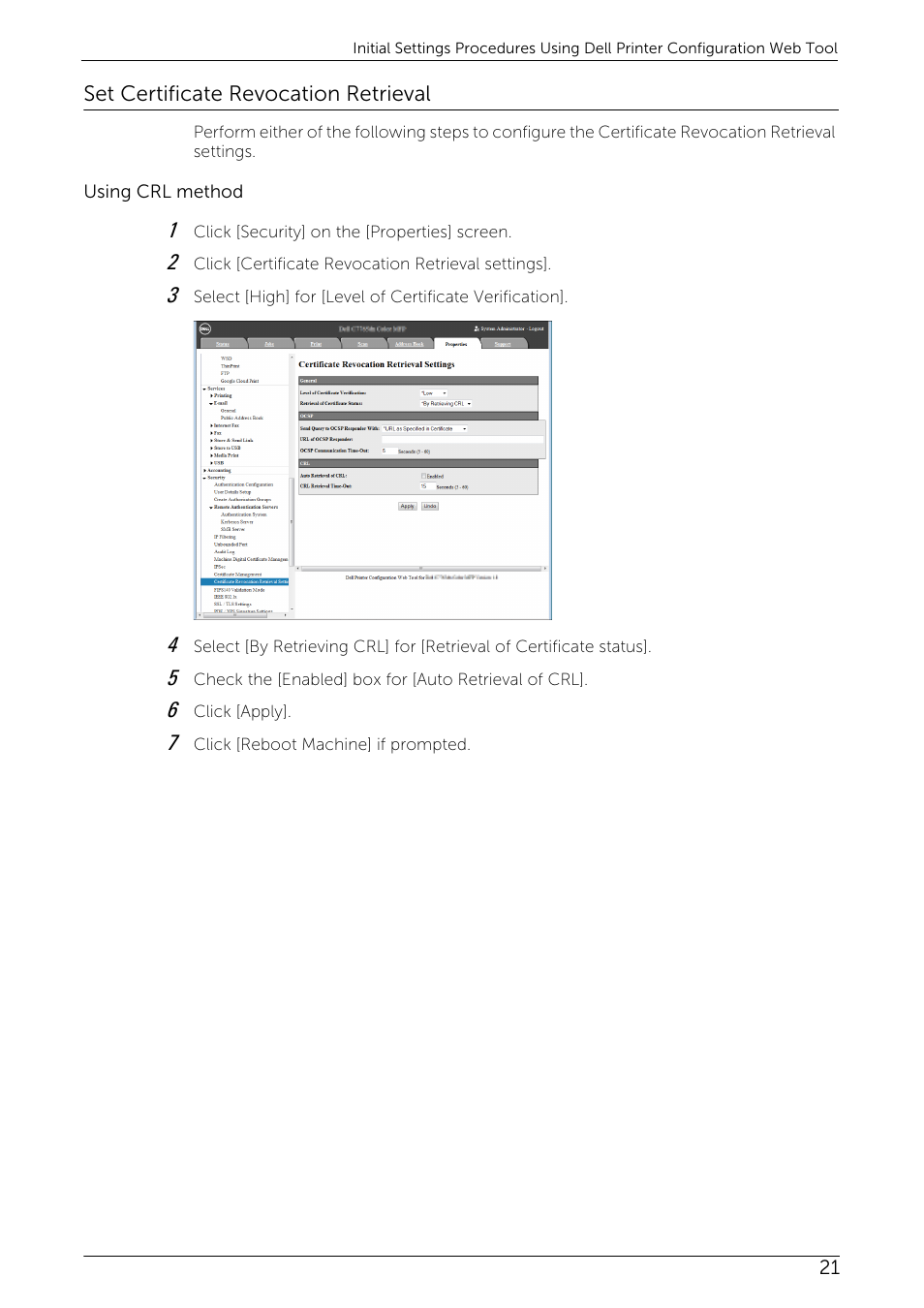 Set certificate revocation retrieval | Dell C7765DN MFP Color Laser Printer User Manual | Page 21 / 52