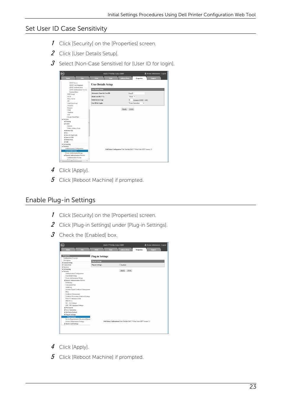 Set user id case sensitivity, Enable plug-in settings | Dell C7765DN MFP Color Laser Printer User Manual | Page 23 / 52