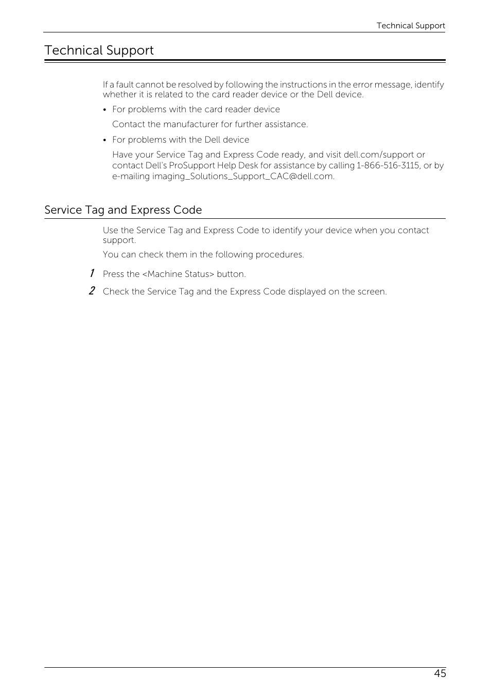 Technical support, Service tag and express code, Service tag and express code45 | Dell C7765DN MFP Color Laser Printer User Manual | Page 45 / 52