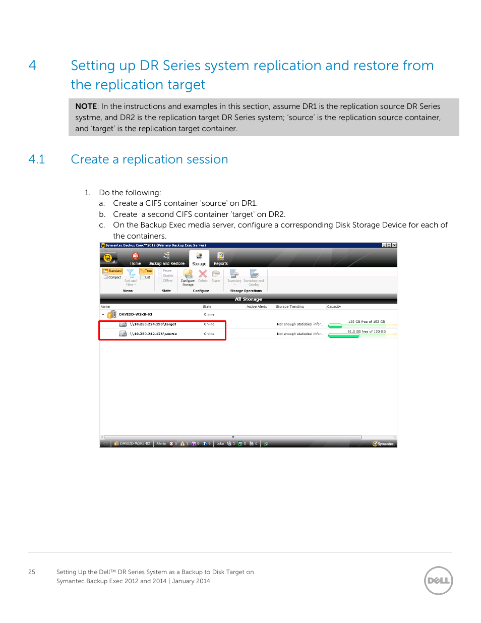 1 create a replication session, Create a replication session | Dell PowerVault DR4100 User Manual | Page 25 / 33