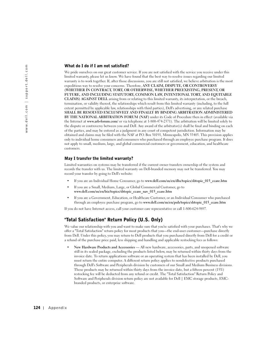Total satisfaction" return policy (u.s. only) | Dell Dimension 2350 User Manual | Page 124 / 136