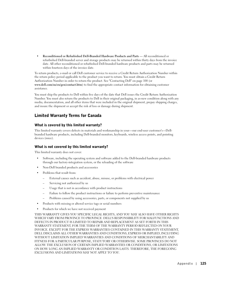 Limited warranty terms for canada | Dell Dimension 2350 User Manual | Page 125 / 136