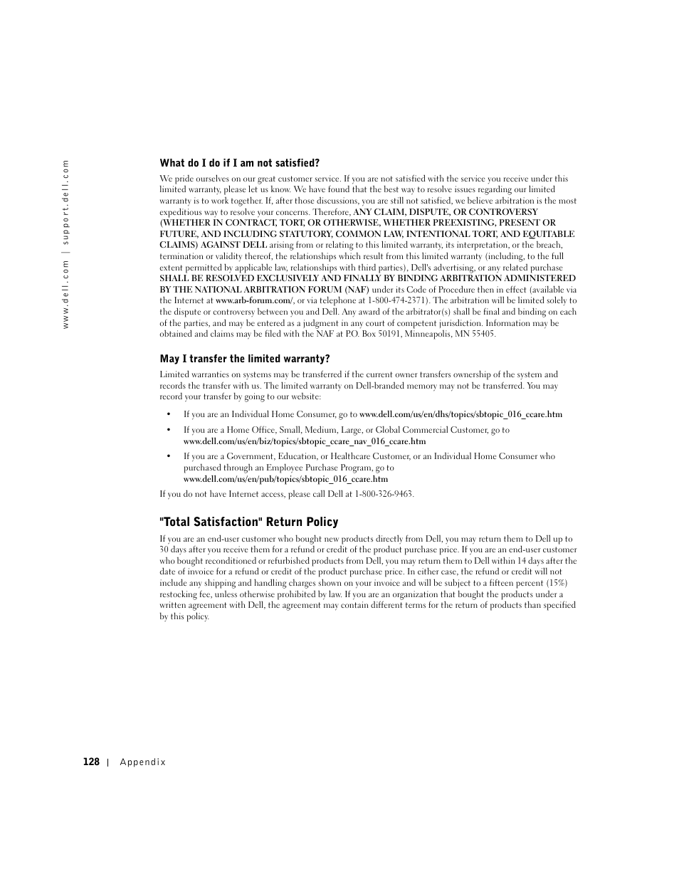 Total satisfaction" return policy | Dell Dimension 2350 User Manual | Page 128 / 136