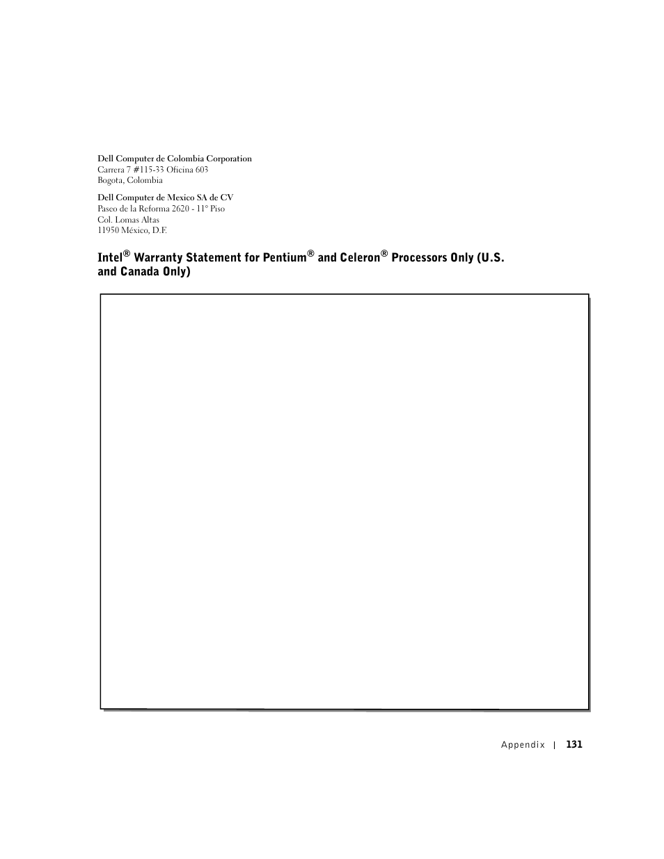 Intel, Warranty statement for pentium, And celeron | Processors only (u.s. and canada only) | Dell Dimension 2350 User Manual | Page 131 / 136