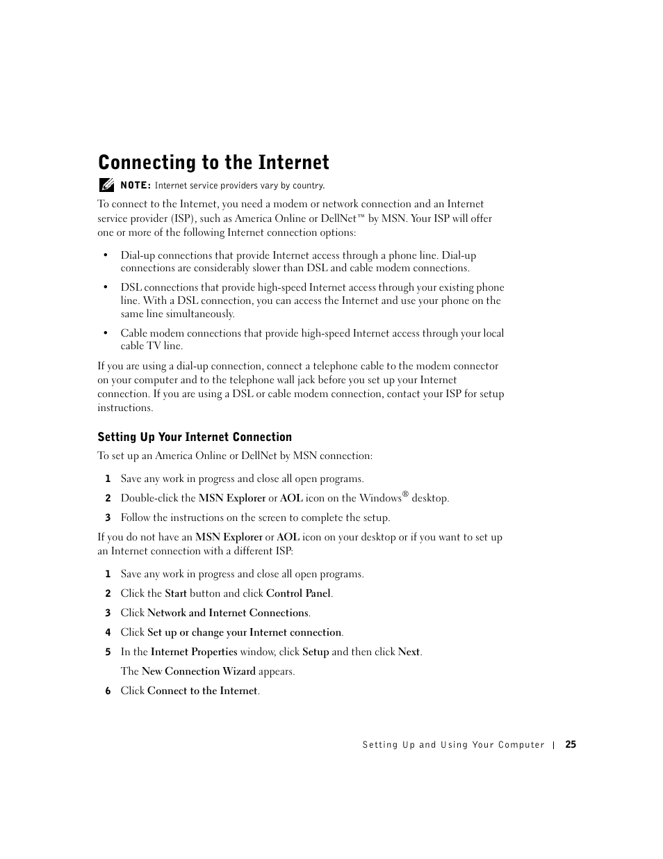 Connecting to the internet | Dell Dimension 2350 User Manual | Page 25 / 136