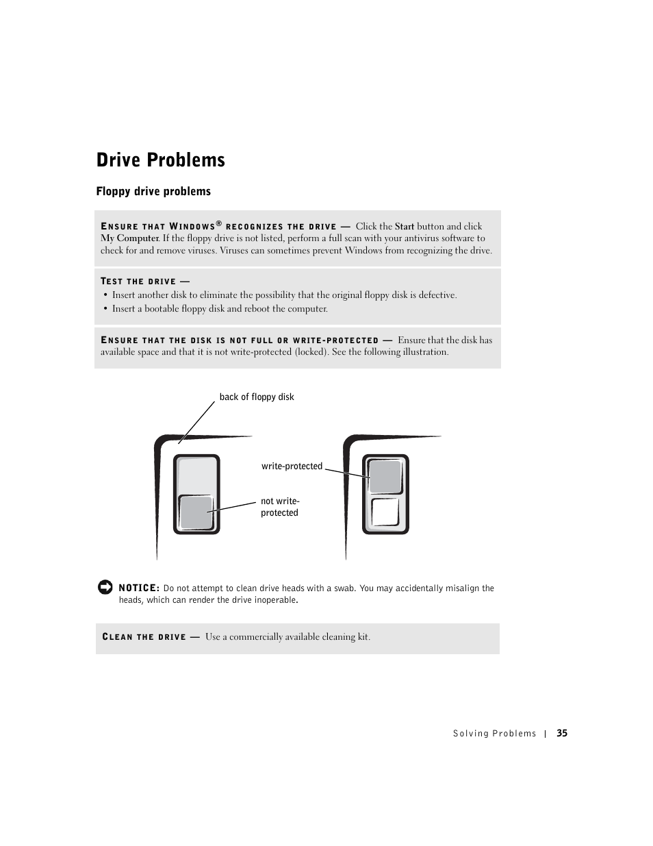Drive problems, Floppy drive problems | Dell Dimension 2350 User Manual | Page 35 / 136