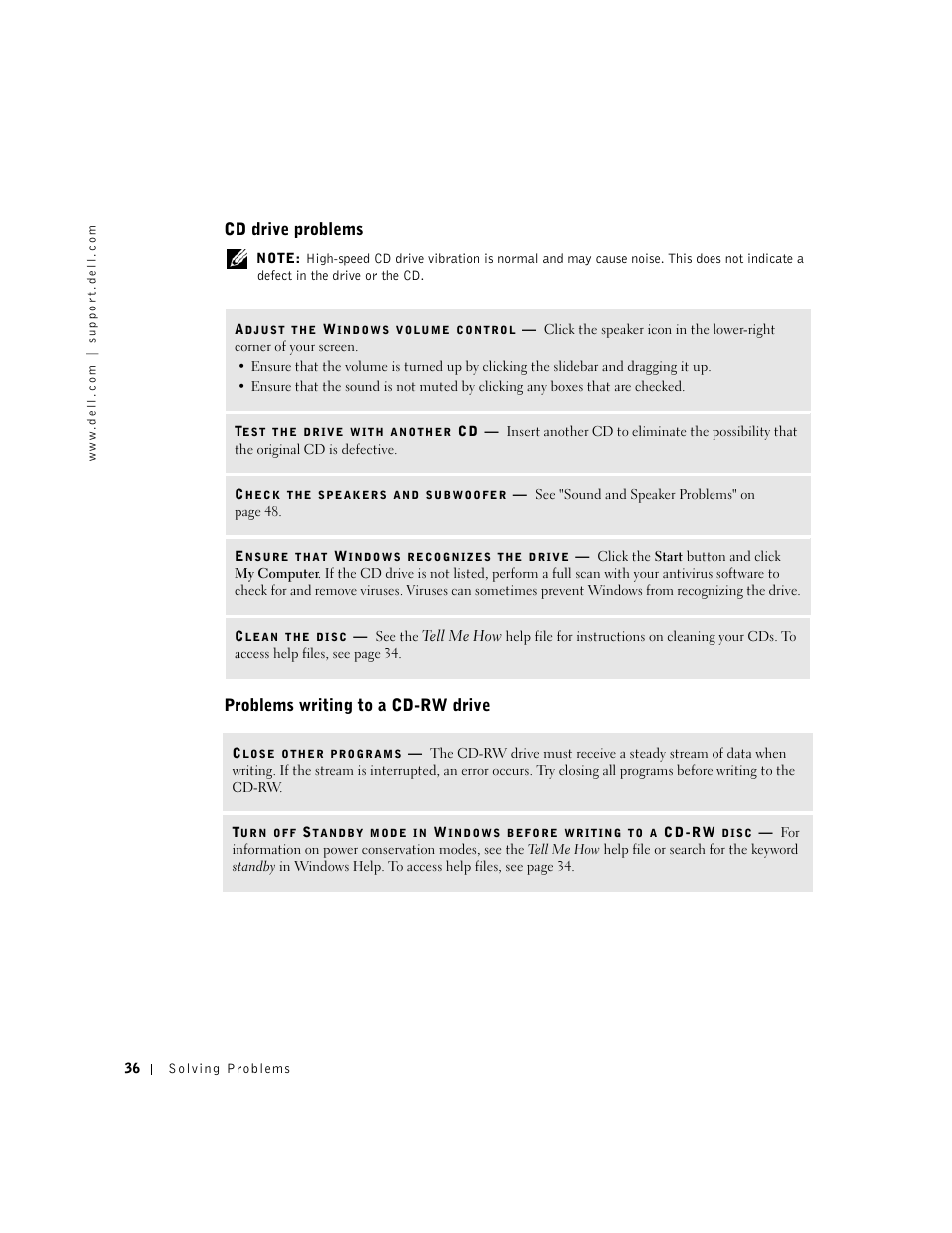 Cd drive problems, Problems writing to a cd-rw drive | Dell Dimension 2350 User Manual | Page 36 / 136