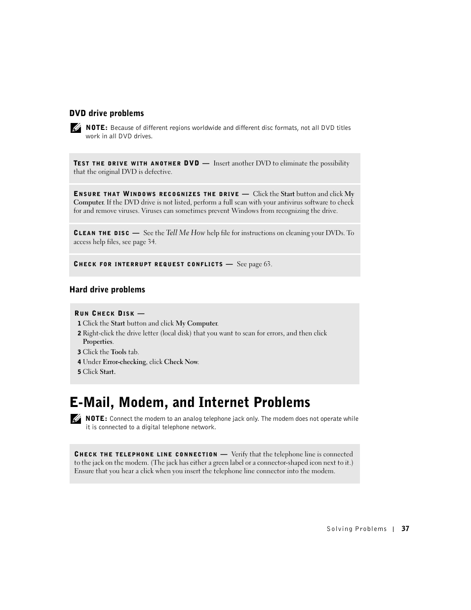 E-mail, modem, and internet problems, Dvd drive problems, Hard drive problems | Dell Dimension 2350 User Manual | Page 37 / 136