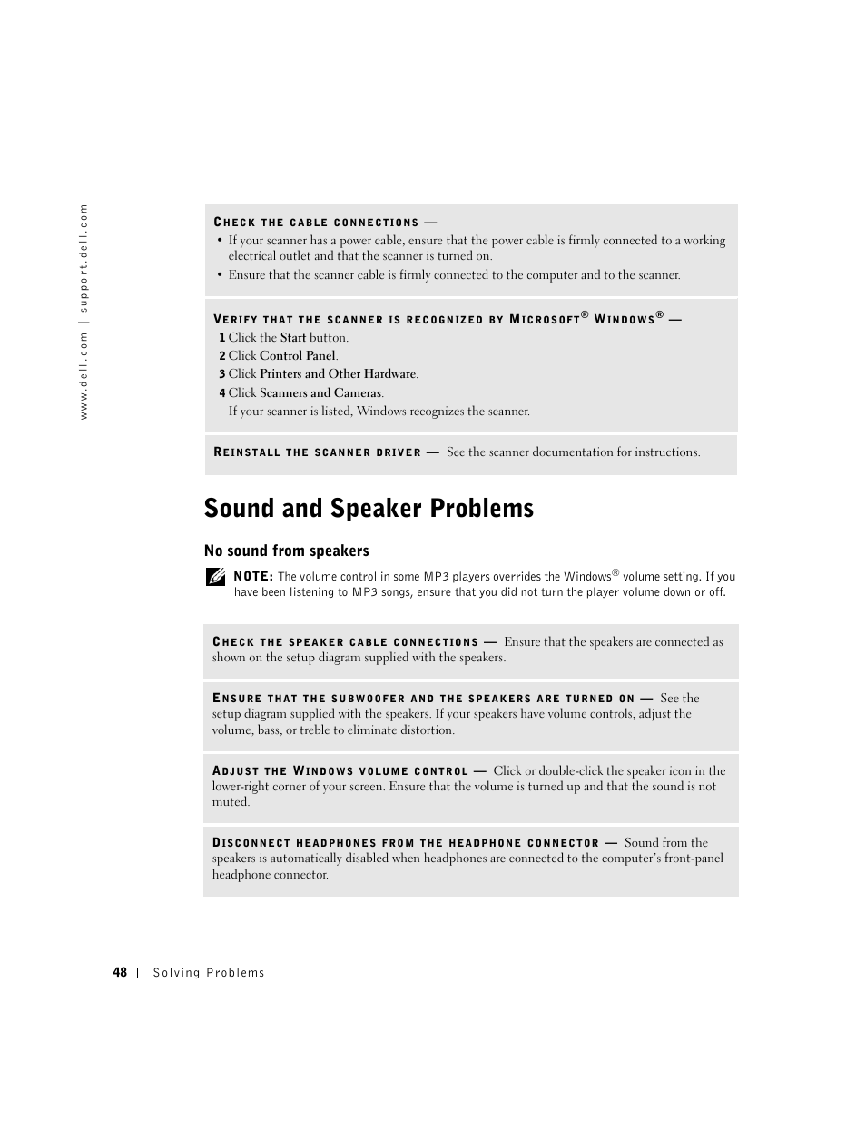 Sound and speaker problems, No sound from speakers | Dell Dimension 2350 User Manual | Page 48 / 136