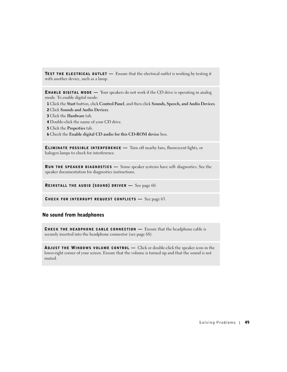 No sound from headphones | Dell Dimension 2350 User Manual | Page 49 / 136