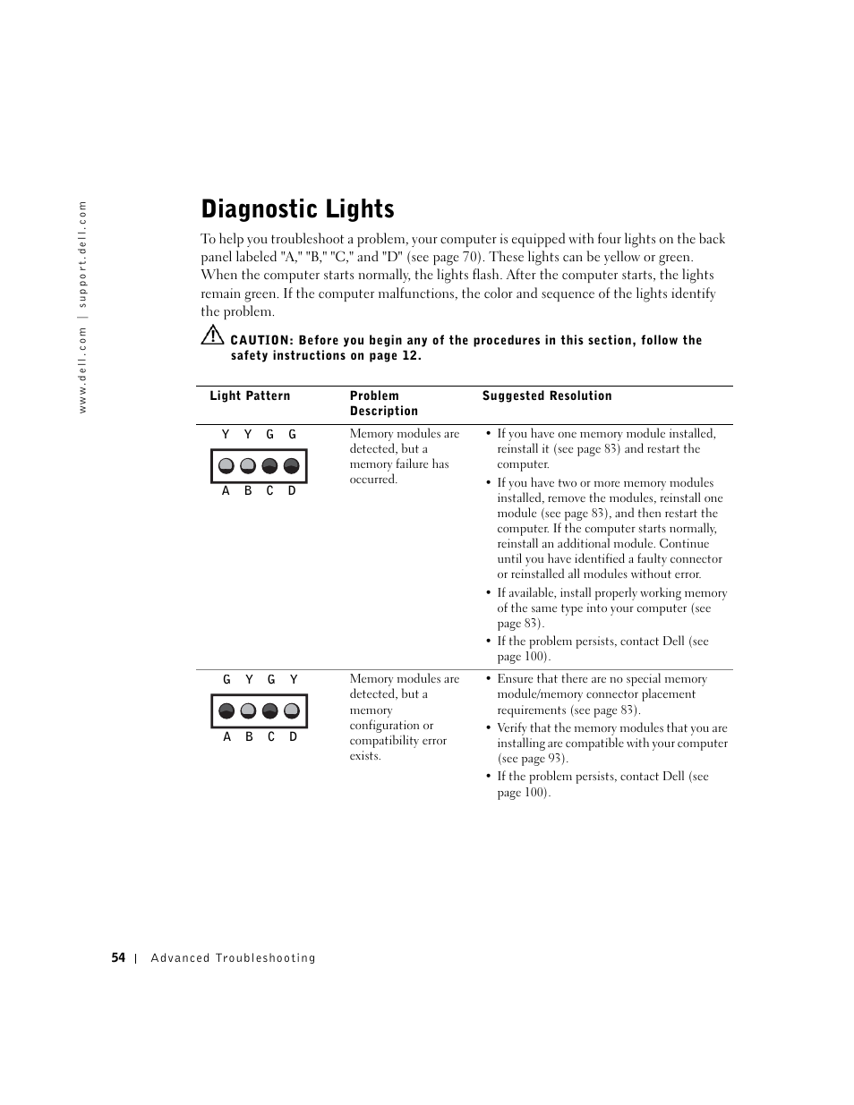 Diagnostic lights | Dell Dimension 2350 User Manual | Page 54 / 136