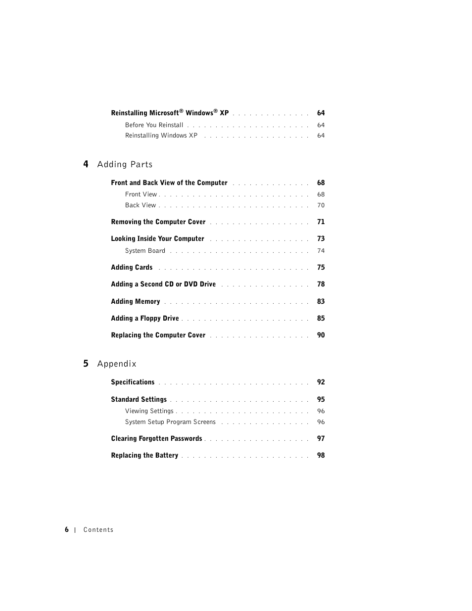4 adding parts, 5 appendix | Dell Dimension 2350 User Manual | Page 6 / 136