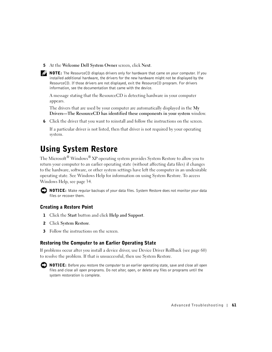 Using system restore | Dell Dimension 2350 User Manual | Page 61 / 136