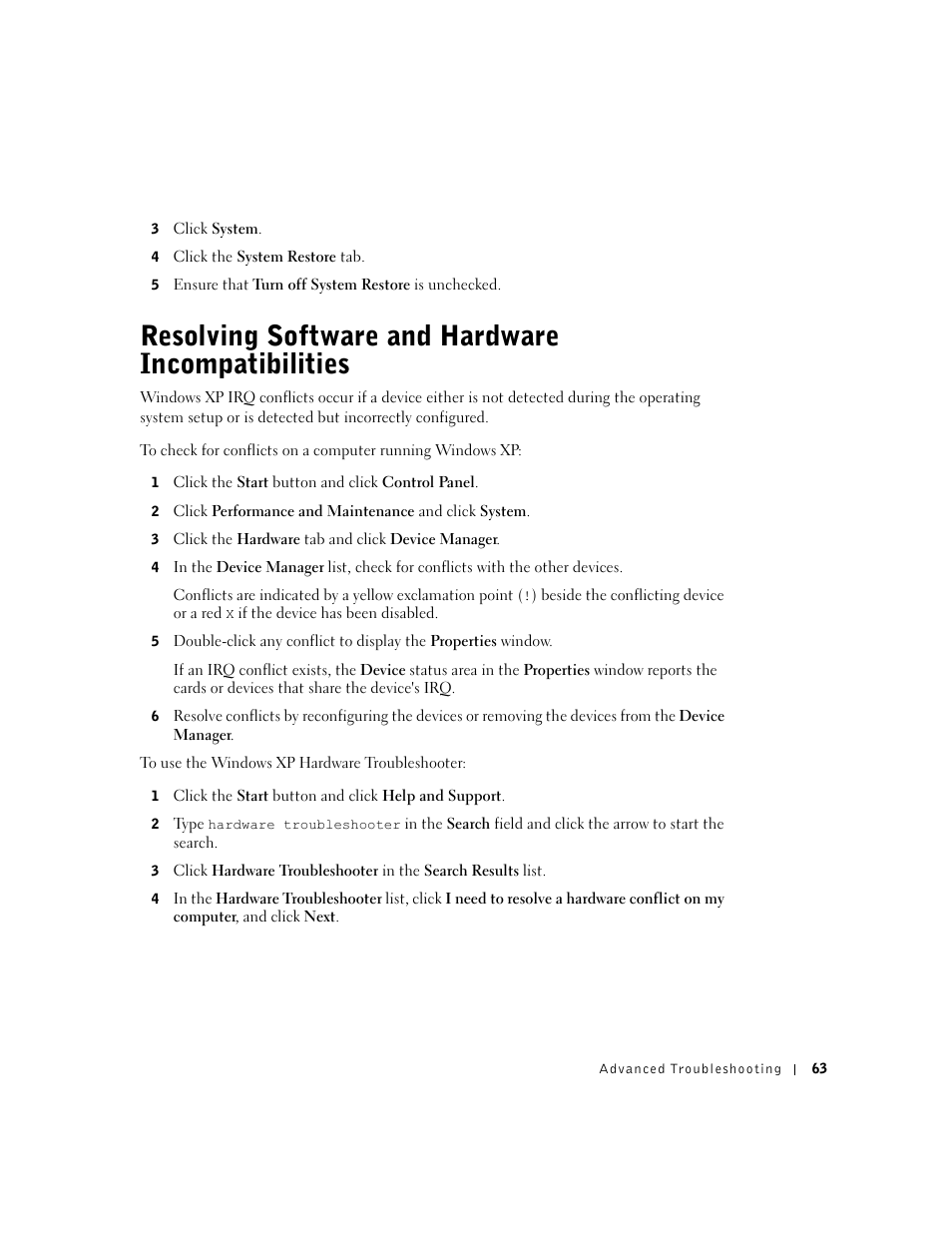 Resolving software and hardware incompatibilities | Dell Dimension 2350 User Manual | Page 63 / 136
