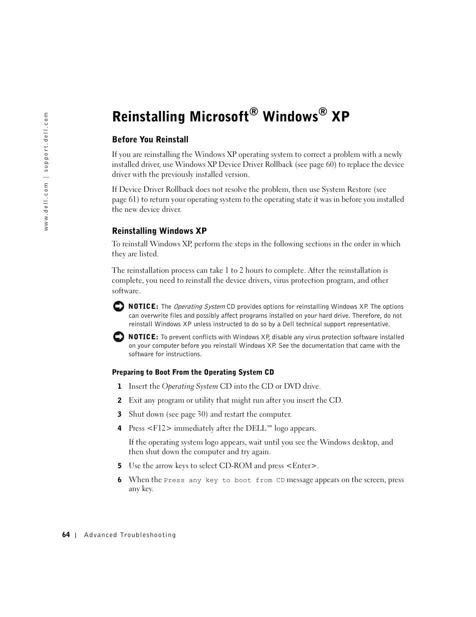Reinstalling microsoft, Windows | Dell Dimension 2350 User Manual | Page 64 / 136