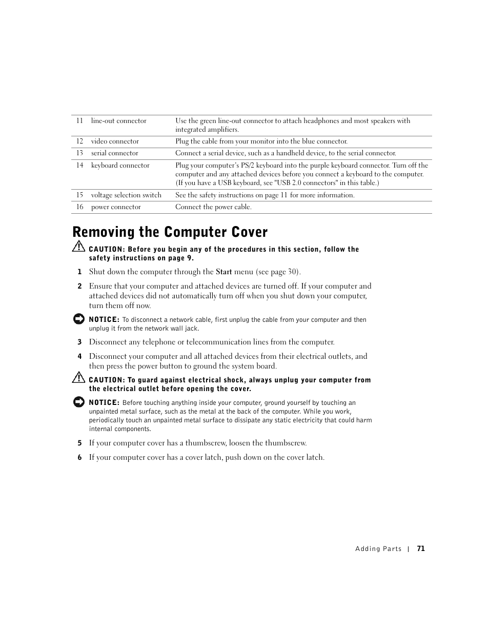 Removing the computer cover | Dell Dimension 2350 User Manual | Page 71 / 136