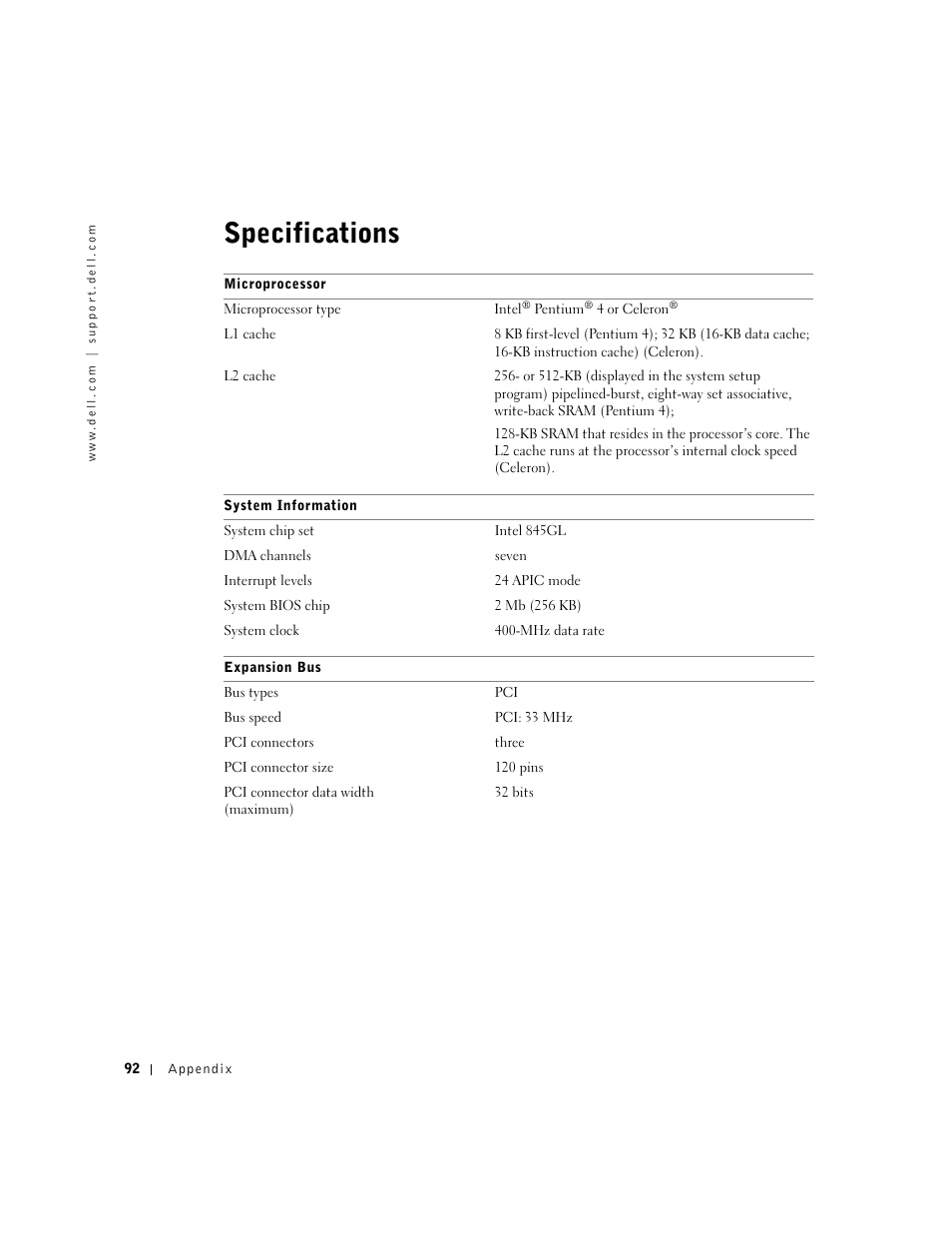 Specifications | Dell Dimension 2350 User Manual | Page 92 / 136