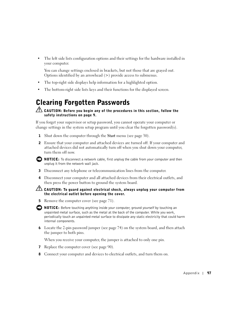 Clearing forgotten passwords | Dell Dimension 2350 User Manual | Page 97 / 136