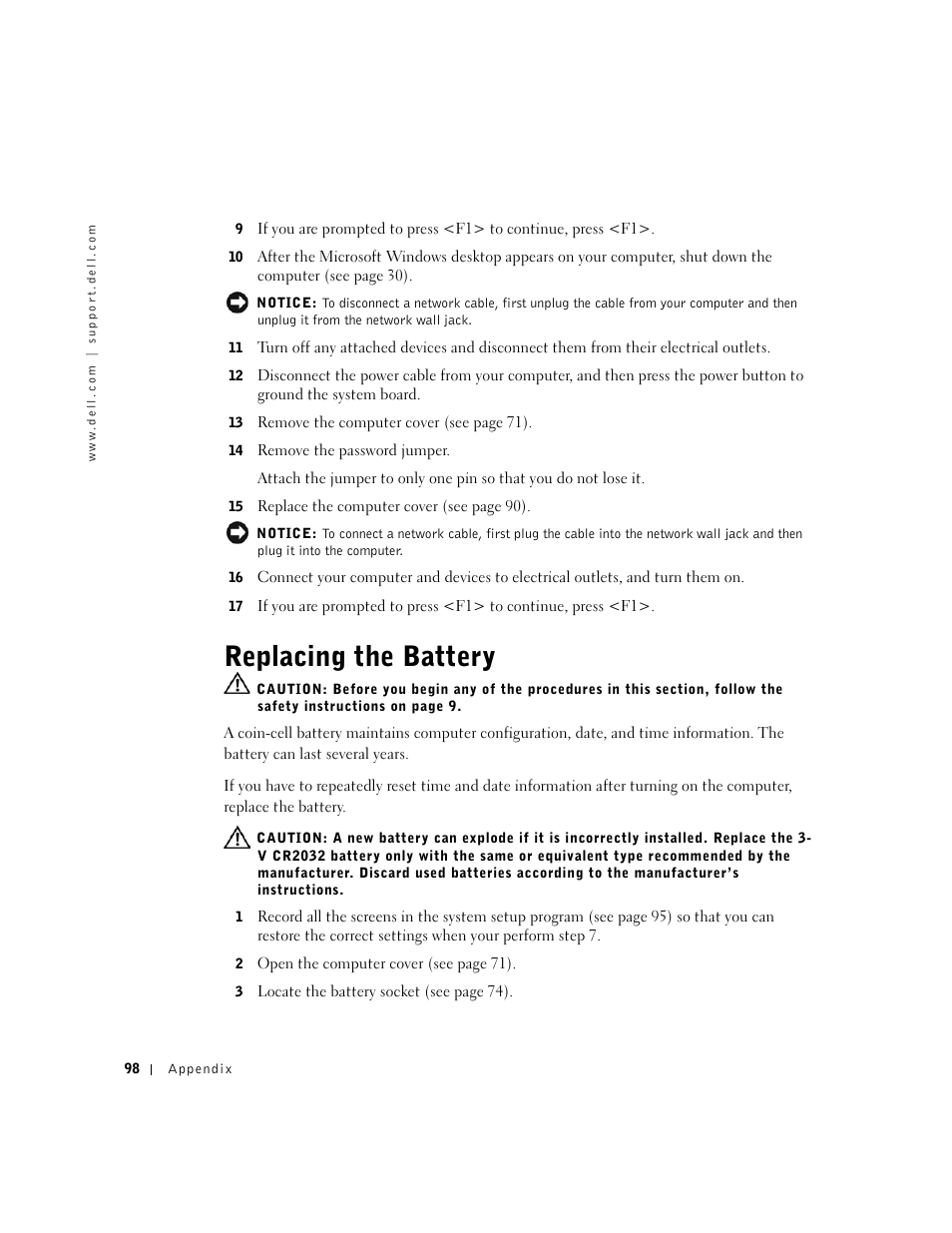 Replacing the battery | Dell Dimension 2350 User Manual | Page 98 / 136