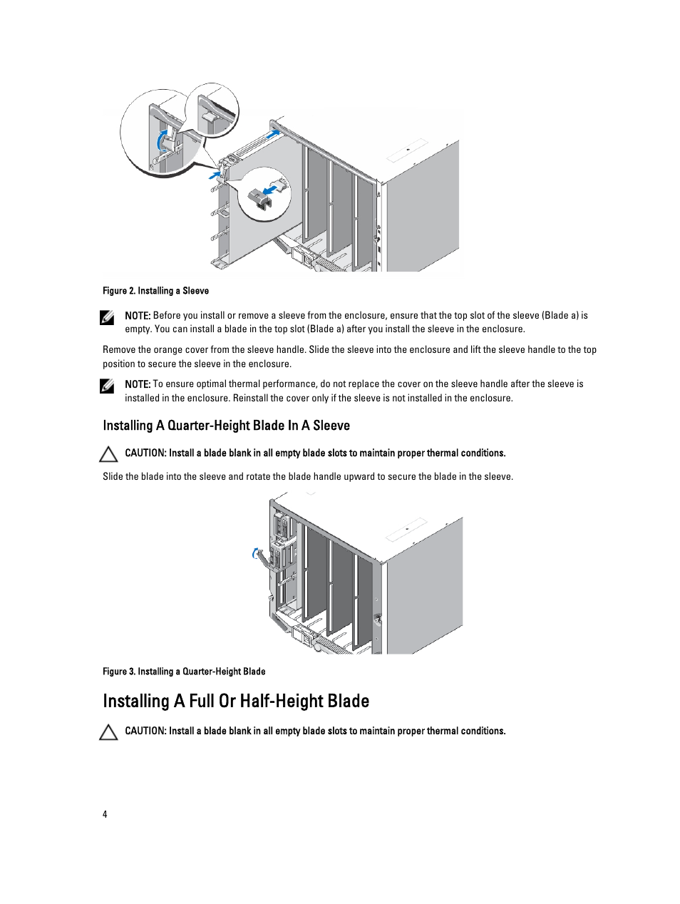 Installing a quarter-height blade in a sleeve, Installing a full or half-height blade | Dell POWEREDGE M915 User Manual | Page 4 / 13