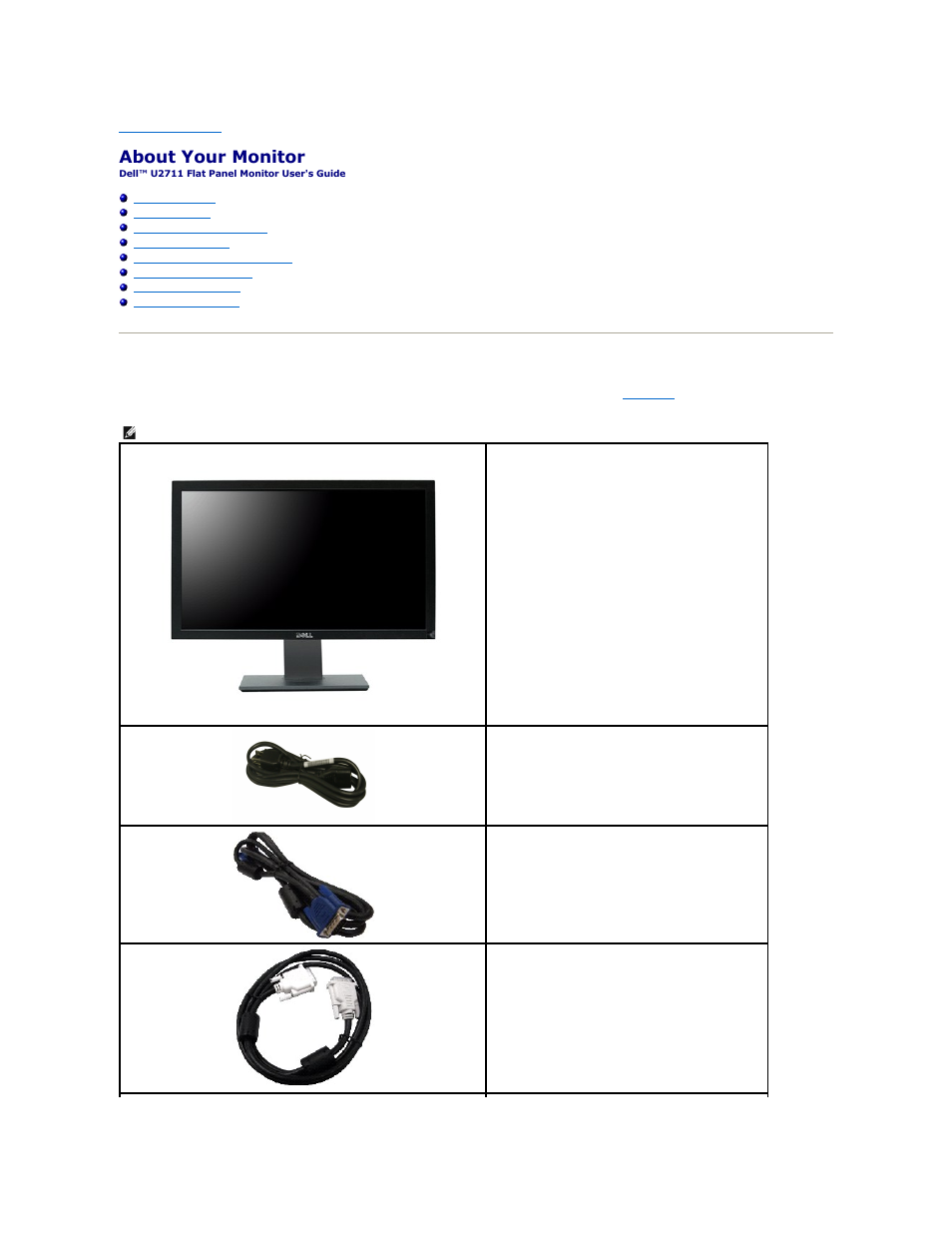 About your monitor, Package contents | Dell U2711 Monitor User Manual | Page 2 / 43