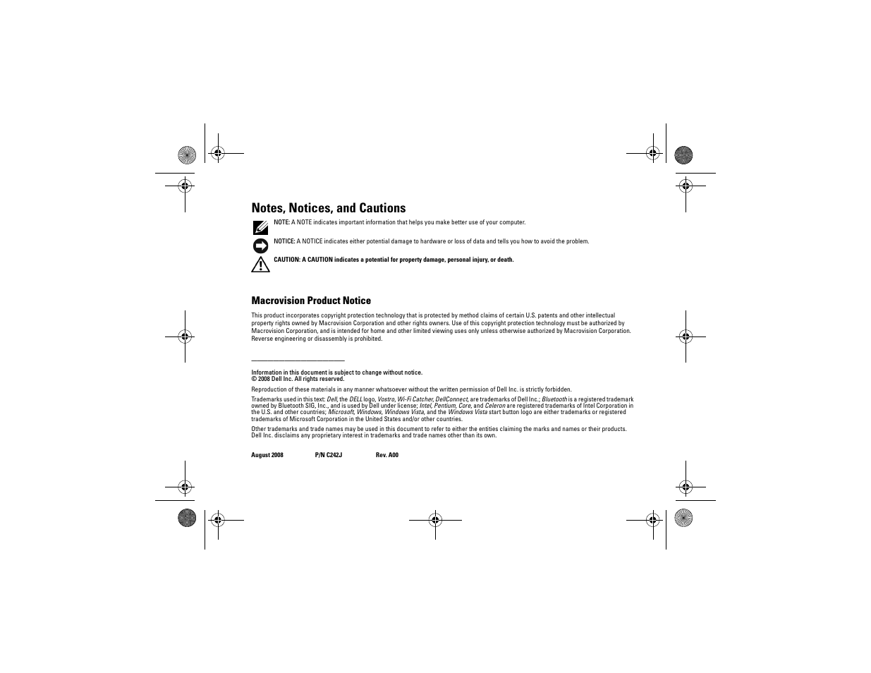 Notes, notices, and cautions | Dell Vostro A90 (Late 2008) User Manual | Page 2 / 60