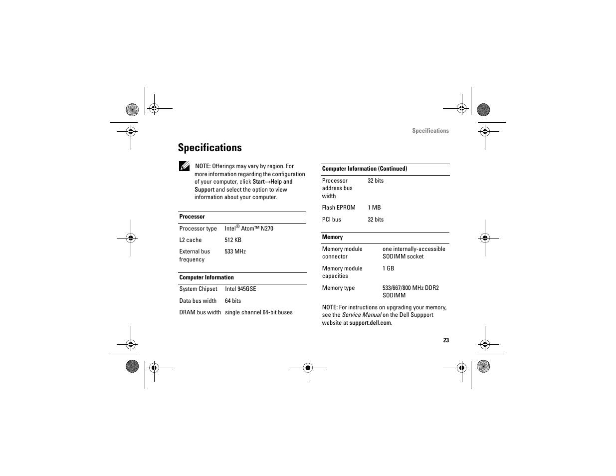 Specifications | Dell Vostro A90 (Late 2008) User Manual | Page 23 / 60