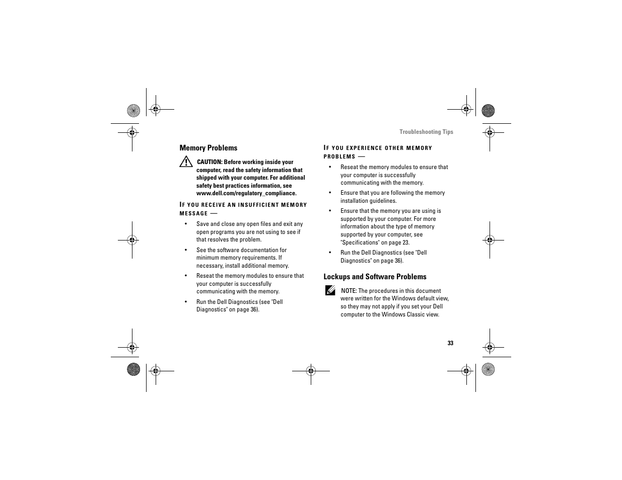 Memory problems, Lockups and software problems | Dell Vostro A90 (Late 2008) User Manual | Page 33 / 60