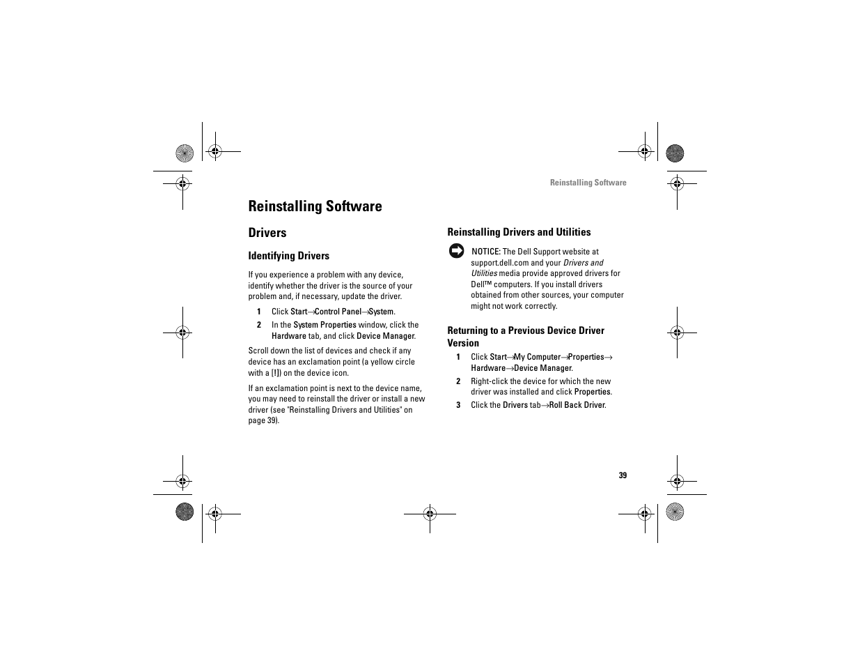 Reinstalling software, Drivers, Identifying drivers | 1 click startæ control panelæ system, Reinstalling drivers and utilities, 3 click the drivers tabæ roll back driver | Dell Vostro A90 (Late 2008) User Manual | Page 39 / 60