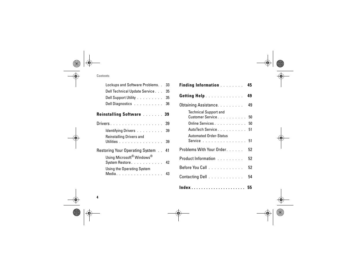 Reinstalling software 39, Finding information 45, Getting help 49 | Dell Vostro A90 (Late 2008) User Manual | Page 4 / 60