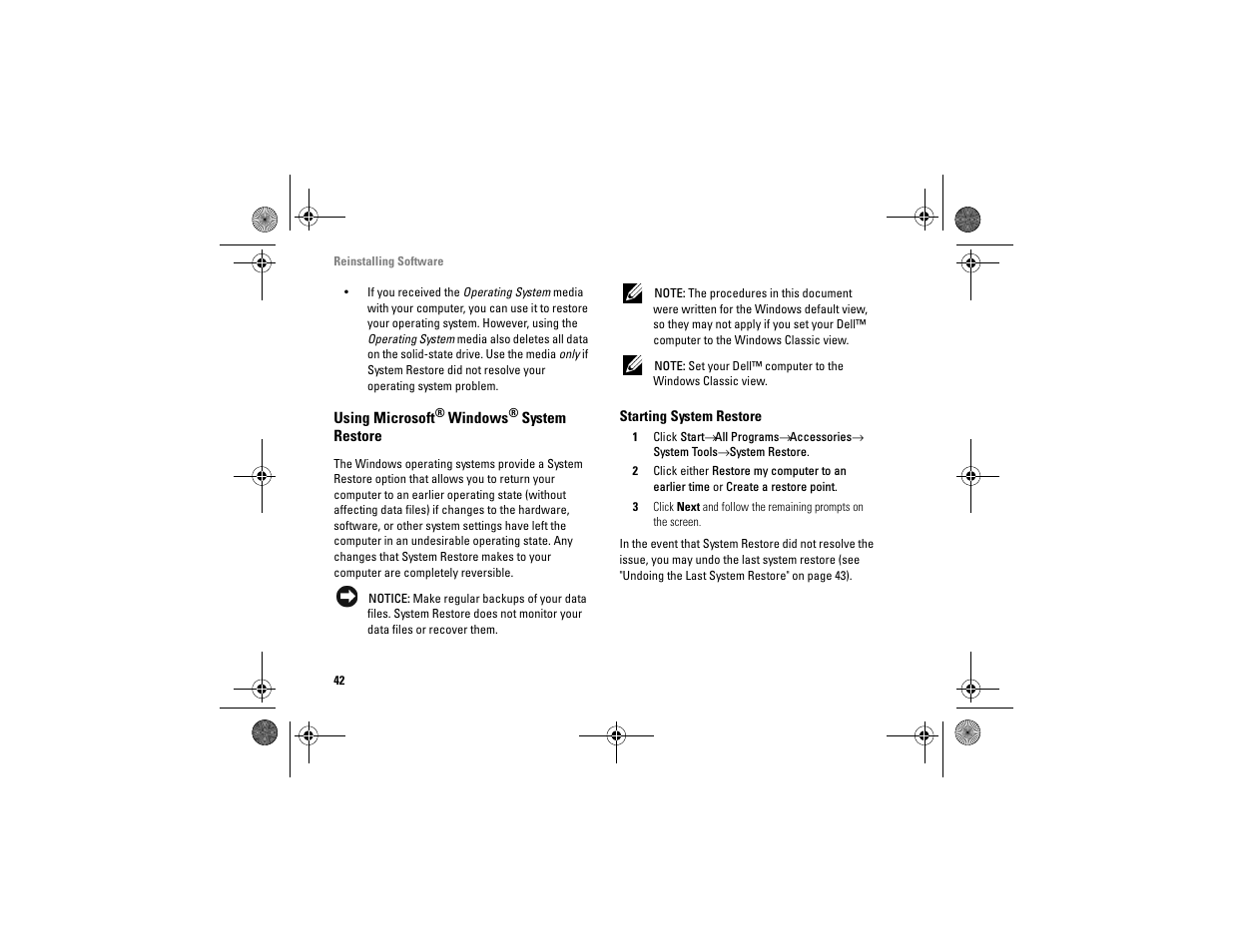 Using microsoft® windows® system restore, Using microsoft | Dell Vostro A90 (Late 2008) User Manual | Page 42 / 60