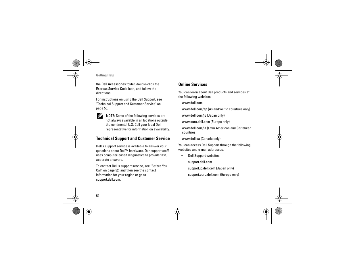 Technical support and customer service, Online services | Dell Vostro A90 (Late 2008) User Manual | Page 50 / 60