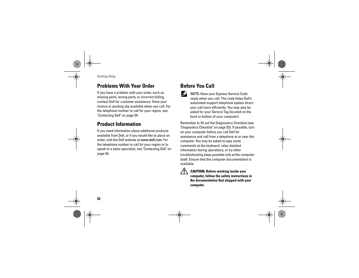 Problems with your order, Product information, Before you call | Dell Vostro A90 (Late 2008) User Manual | Page 52 / 60