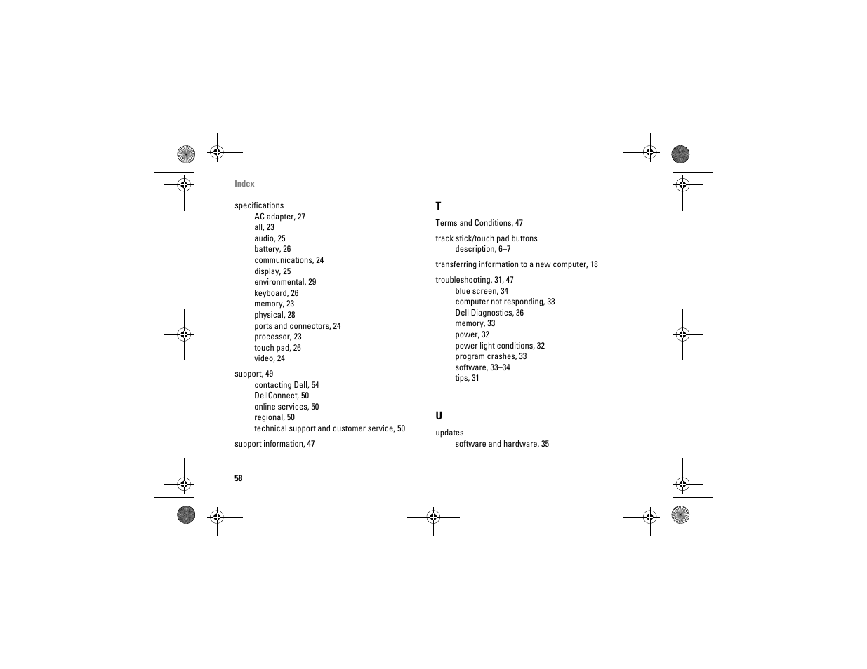 Specifications, Support, 49, Support information, 47 | Terms and conditions, 47, Track stick/touch pad buttons, Transferring information to a new computer, 18, Troubleshooting, 31, 47, Updates | Dell Vostro A90 (Late 2008) User Manual | Page 58 / 60