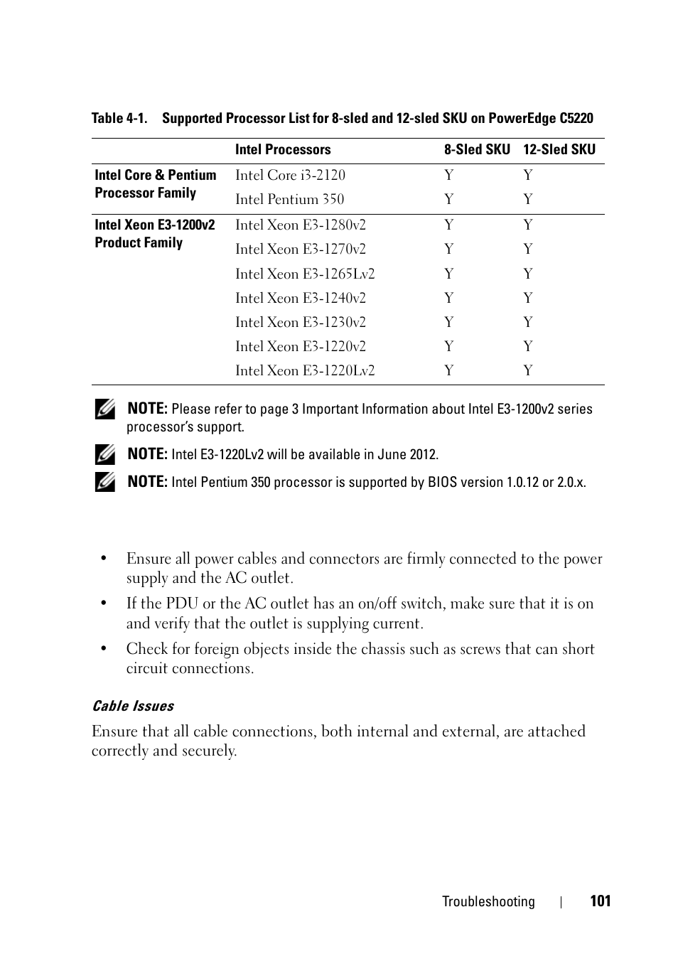 Cable issues | Dell PowerEdge C5220 User Manual | Page 101 / 124