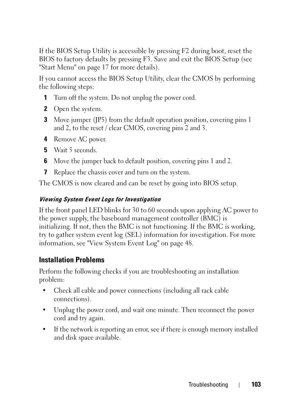 Installation problems | Dell PowerEdge C5220 User Manual | Page 103 / 124